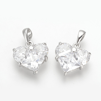 Brass Cubic Zirconia Charms, Nickel Free, Real Platinum Plated, Heart, 14.5x14x5mm, Hole: 4x2.5mm
