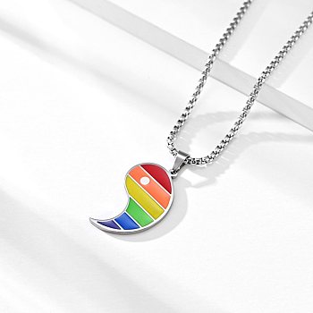 Rainbow Pride Necklace, Taiji with Stripe Pattern Pendant Necklace for Men Women, Stainless Steel Color, 24.29 inch(61.7cm)