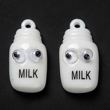 Opaque Resin Cabochons, Imitation Food, Milk Bottle with Eye & Word Milk, White, 27x13.5x9.5mm, Hole: 1.4mm