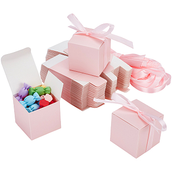 Square Fold Paper Candy Boxes, with Ribbon, for Wedding & Bakery & Baby Shower Gift Packaging, Pearl Pink, Finished Product: 5x5x5cm