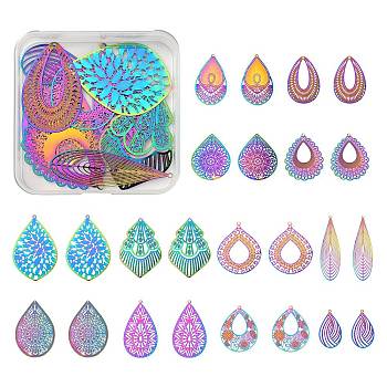 24Pcs 12 Style Ion Plating(IP) 201 Stainless Steel Filigree Pendants, Etched Metal Embellishments, Teardrop & Leaf, Rainbow Color, 32.5~49x16~38.5x0.2~0.4mm, hole: 1~2mm, 2pcs/style