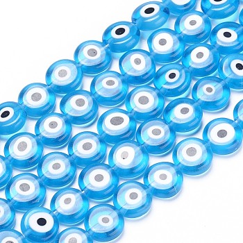 Handmade Evil Eye Lampwork Beads Strands, Flat Round, Light Sky Blue, 10x3.5mm, Hole: 1.2mm, about 38pcs/strand, 14.17 inch(36cm)