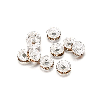 Rondelle Brass Rhinestone Spacer Beads, Topaz, 8mm, Hole: 2mm