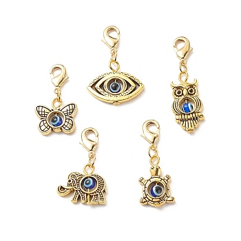 Alloy Pendant Decoration, with Resin Beads, Animal Lobster Clasp Charms, Clip-on Charms, for Keychain Bag, Butterfly/Owl/Turtle/Elephant with Evil Eye, Golden, 29~38mm