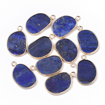 Natural Lapis Lazuli Pendants, with Golden Tone Brass Open Back Bezel, Oval, 25x15.5x2~3mm, Hole: 2mm