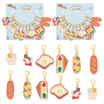 Food Pendant Stitch Markers, Alloy Enamel Crochet Lobster Clasp Charms, Locking Stitch Marker with Wine Glass Charm Ring, Toast Slices Egg/Bread Basket/Hot Dog, Mixed Color, 3.5~4.5cm, 6 style, 2pcs/style, 12pcs/set, 2 sets/box