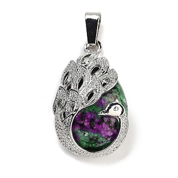 Natural Ruby in Zoisite Teardrop Pendants, Alloy Peacock Charms, Platinum, 33x19x10mm, Hole: 3.5x9mm