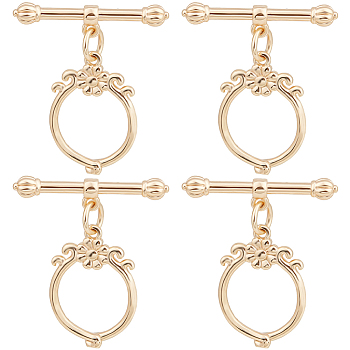 10Pcs Brass Toggle Clasps, Ring with Flower, Real 18K Gold Plated, Ring: 18.5x13x2mm, Hole: 1mm, Bar: 22x5x3mm, Hole: 1mm