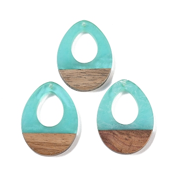 Resin & Wood Pendants, Hollow Teardrop Charms, Aquamarine, 37.5x28x3.5mm, Hole: 2mm