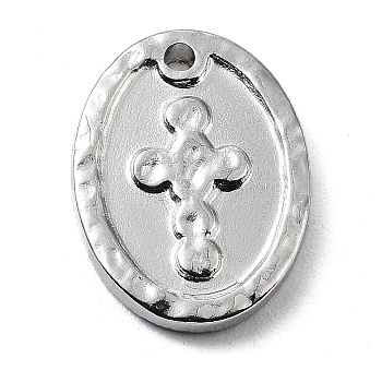 304 Stainless Steel Pendants, Oval with Cross Charm, Stainless Steel Color, 15.5x11.5x2mm, Hole: 1.2mm