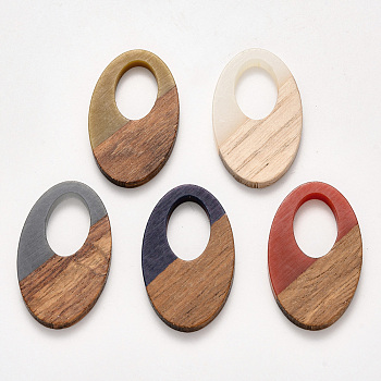 Resin & Wood Pendants, Waxed, Oval, Mixed Color, 35.5x21.5x3~4mm, Hole: 16x10mm