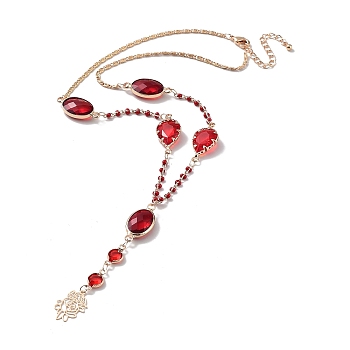 Red Oval & Teardrop Glass Lariat Necklace with Brass Chains, Light Gold, 16.14 inch(410mm)