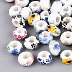 Printed Handmade Porcelain European Beads, Famille Rose Porcelain, Rondelle with Flower Pattern, Large Hole Beads, Mixed Color, 14~15x9mm, Hole: 5.5~6mm(PORC-Q007-12)