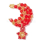 Imitation Austrian Crystal 5301 Glass & TOHO Round Seed Beaded Pendant, Star with Moon Charms with 304 Stainless Steel Jump Rings, Red, 46x29x4mm, Hole: 2mm(PALLOY-MZ00179-01)