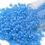 TOHO Round Seed Beads, Japanese Seed Beads, (163BF) Transparent AB Frost Dark Aquamarine, 8/0, 3mm, Hole: 1mm, about 222pcs/10g(X-SEED-TR08-0163BF)