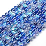 Synthetic Moonstone Beads Strands, Dyed, Holographic Beads, Half AB Color Plated, Round, Royal Blue, 8mm, Hole: 1mm, about 49pcs/strand, 15 inch(G-F143-8mm-06)