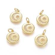 Brass Micro Pave Cubic Zirconia Pendants, with Jump Ring, Long-Lasting Plated, Flat Round with Star & Moon, Clear, Real 18K Gold Plated, 14x12x2mm, Hole: 3.5mm(ZIRC-G166-17G)