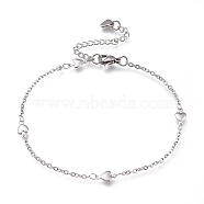 304 Stainless Steel Cable Chain Anklets, with Heart Links and Lobster Claw Clasps, Stainless Steel Color, 8-7/8 inches(22.5cm)(AJEW-M026-13P)