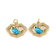 Brass Micro Pave Cubic Zirconia with Synthetic Opal Pendants, with Jump Ring, Real 18K Gold Plated, Whale, 14.5x18.5x3.5mm(KK-D096-06B-G)
