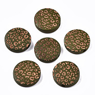 Painted Natural Wood Beads, Laser Engraved Pattern, Flat Round with Leopard Print, Dark Olive Green, 15x4.5mm, Hole: 1.5mm(WOOD-T021-49A-06)