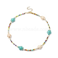 Tortoise Dyed Synthetic Turquoise & Shell Pearl & Glass Seed Beaded Necklace, Ocean Theme Jewelry for Women, Colorful, 17.28 inch(43.9cm)(NJEW-TA00054)