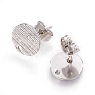 304 Stainless Steel Ear Stud Findings, with Ear Nuts/Earring Backs and Hole, Textured Flat Round with Cross Grain, Stainless Steel Color, 10mm, Hole: 1.2mm, Pin: 0.8mm(STAS-O119-17B-P)