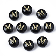 Handmade Lampwork Beads, with Golden Plated Brass Etched Metal Embellishments, Flat Round with Alphabet, Letter.M, 8x5mm, Hole: 0.8mm(LAMP-S196-001M)