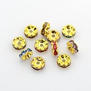 Brass Rhinestone Spacer Beads, Grade A  Mix, Rondelle, Golden and Nickel Free, Assorted Colors, about 8mm in diameter, 3.8mm thick, hole: 1.5mm(RSB030NFG)