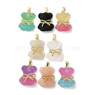 Druzy Resin Bear Pendants, Cute Bear Charms with Rack Plating Real 18K Gold Plated Brass Bowknot, Long-Lasting Plated, Lead Free & Cadmium Free, Mixed Color, 25.5x19x9mm, Hole: 5x3mm(KK-K274-03G)