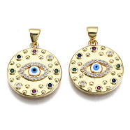 Brass Micro Pave Colorful Cubic Zirconia Pendants, Nickel Free, Flat Round with Evil Eye, Real 16K Gold Plated, 21x18.5x3mm, Hole: 4.5x3.5mm(ZIRC-S067-078-NF)
