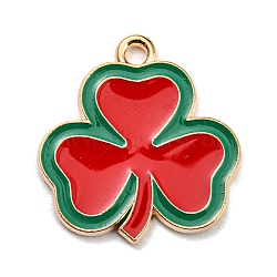 Saint Patrick's Day Alloy Enamel Pendants, Light Gold, Clover Charm, Red, 22x20.5x1.5mm, Hole: 2mm(ENAM-G222-01E-03)