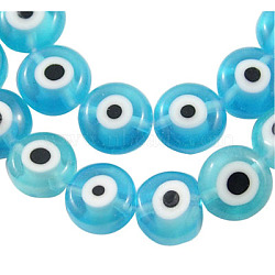 Handmade Lampwork Beads, Evil Eye, Flat Round, Cyan, about 8mm in diameter, 4mm thick, hole: 1mm, about 50pcs/strand(X-DF021Y-2)