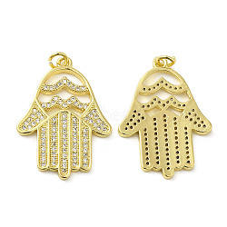 Rack Plating Brass with Cubic Zirconia Pendants, with Jump Ring, Long-Lasting Plated, Cadmium Free & Lead Free, Hamsa Hand Charm, Real 18K Gold Plated, 31x21x1.5mm, Hole: 2.8mm(KK-Q784-14G)