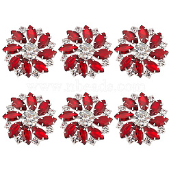 6Pcs 1-Hole Brass Shank Buttons, with Rhinestone and Glass, Garment Decoration, Flower, Red, 26x26x10mm, Hole: 2mm(BUTT-FG0001-15D)