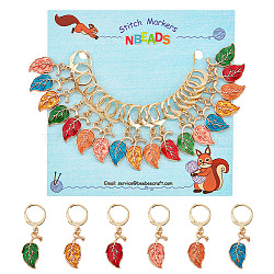 18Pcs 6 Color Alloy Enamel Leaf Charms Locking Stitch Markers, with Gold Tone 304 Stainless Steel Leverback Earring Findings, Mixed Color, 35mm, Pin: 1x0.8mm, 3Pcs/color(AJEW-PH01453)