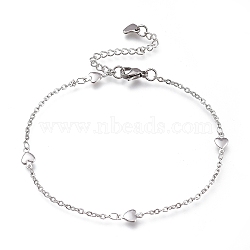 304 Stainless Steel Cable Chain Anklets, with Heart Links and Lobster Claw Clasps, Stainless Steel Color, 8-7/8 inches(22.5cm)(AJEW-M026-13P)