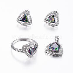 Trendy Brass Micro Pave Cubic Zirconia Jewelry Sets, Pendants & Stud Earrings & Finger Rings, Triangle, Platinum, Colorful, Size 10(20mm); 23x16x6.5mm, Hole: 5x3.5mm; 14x14x6mm, Pin: 0.8mm(SJEW-H078-20mm-01)