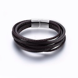 Leather Cord Multi-strand Bracelets, with 304 Stainless Steel Magnetic Clasp, Rectangle, Stainless Steel Color, 8-5/8 inch(22cm), 3~24x3mm(BJEW-E345-18P)
