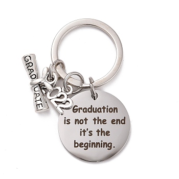 Graduation Theme 201 Stainless Steel Keychain Clasps, Flat Round with 2022 & Diploma, Word, 52mm
