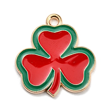 Saint Patrick's Day Alloy Enamel Pendants, Light Gold, Clover Charm, Red, 22x20.5x1.5mm, Hole: 2mm