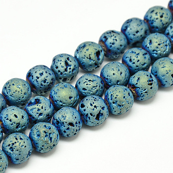 Electroplate Natural Lava Rock Beads Strands, Matte Style, Round, Green Plated, 4~5mm, Hole: 0.5mm, about 88pcs/strand, 13.7~14.9 inch