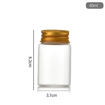 Clear Glass Bottles Bead Containers, Screw Top Bead Storage Tubes with Aluminum Cap, Column, Golden, 3.7x6cm, Capacity: 40ml(1.35fl. oz)