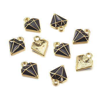Golden Tone Alloy Enamel Pendants, Diamond Charms, Black, 15x12x2mm, Hole: 2mm