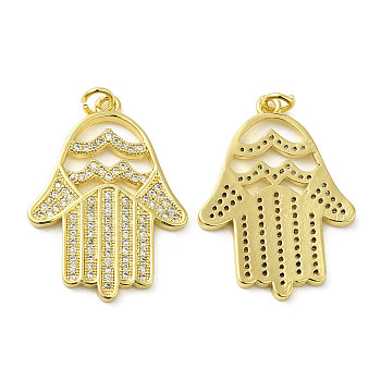 Rack Plating Brass with Cubic Zirconia Pendants, with Jump Ring, Long-Lasting Plated, Cadmium Free & Lead Free, Hamsa Hand Charm, Real 18K Gold Plated, 31x21x1.5mm, Hole: 2.8mm
