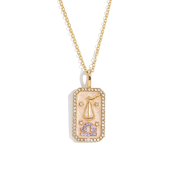 Brass Micro Pave Cubic Zirconia Rectangle with Constellation Pendant Necklaces, with Enamel, Cable Chain Necklace for Women, Libra, 15-3/4 inch(40cm)