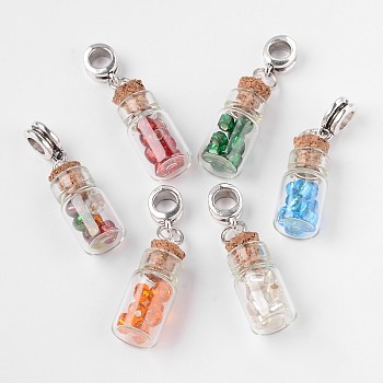 Glass Bottle with Glass Seed Beads European Dangle Charms, with Antique Silver Tone Alloy Findings, Large Hole Pendants, Mixed Color, 35mm, Hole: 5mm