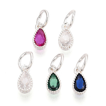 925 Sterling Silver Pave Cubic Zirconia Teardrop Birthstone Style Charms, with 925 Stamp, Silver, Mixed Color, 7.5x4x2mm, Jump Ring: 5x0.5mm, Inner Diameter: 4mm