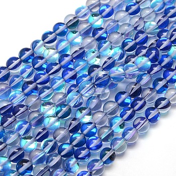 Synthetic Moonstone Beads Strands, Dyed, Holographic Beads, Half AB Color Plated, Round, Royal Blue, 8mm, Hole: 1mm, about 49pcs/strand, 15 inch