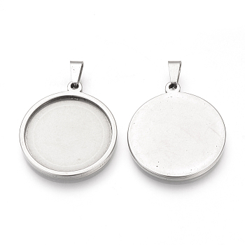 201 Stainless Steel Pendant Cabochon Settings, Flat Round, Stainless Steel Color, Tray: 19.5mm, 25x22.5x2.5mm, Hole: 8x4mm