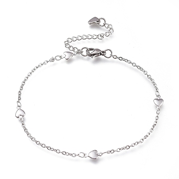 304 Stainless Steel Cable Chain Anklets, with Heart Links and Lobster Claw Clasps, Stainless Steel Color, 8-7/8 inch(22.5cm)